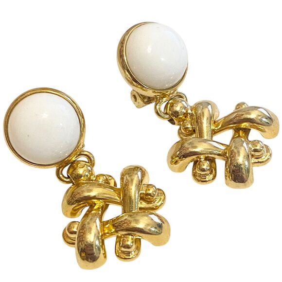 Signed Beauty Brass White Gold Clip On Earrings Bold Chunky Statement Italy - Picture 9 of 10